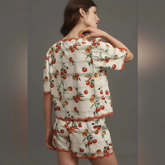 Anthropologie Maeve Veggie Blossom Short Sleeve Tie Front Blouse - Picture 3 of 4